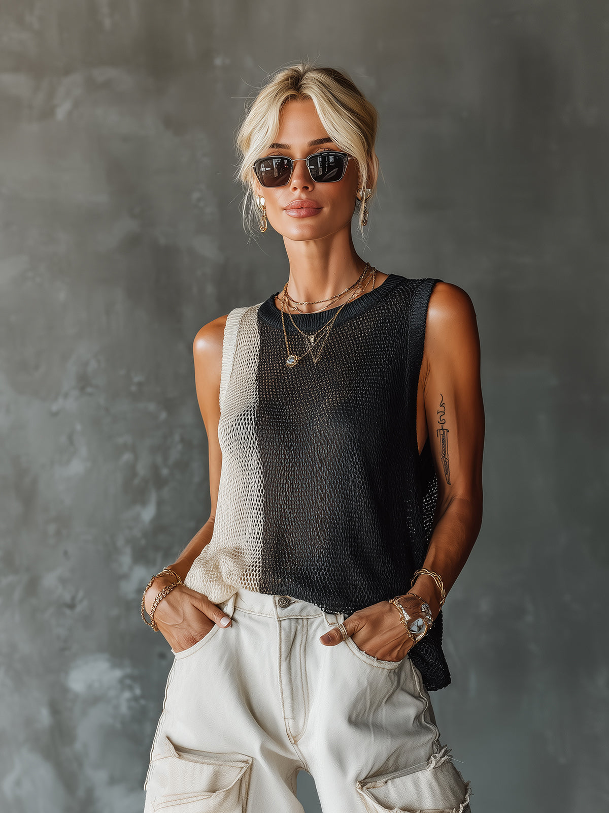 Chic Casual Black-White Colorblock Round-Neck Sleeveless Loose-Fit Mesh-Knit Vest Top