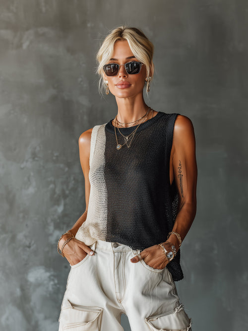 Chic Casual Black-White Colorblock Round-Neck Sleeveless Loose-Fit Mesh-Knit Vest Top