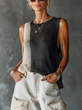 Chic Casual Black-White Colorblock Round-Neck Sleeveless Loose-Fit Mesh-Knit Vest Top