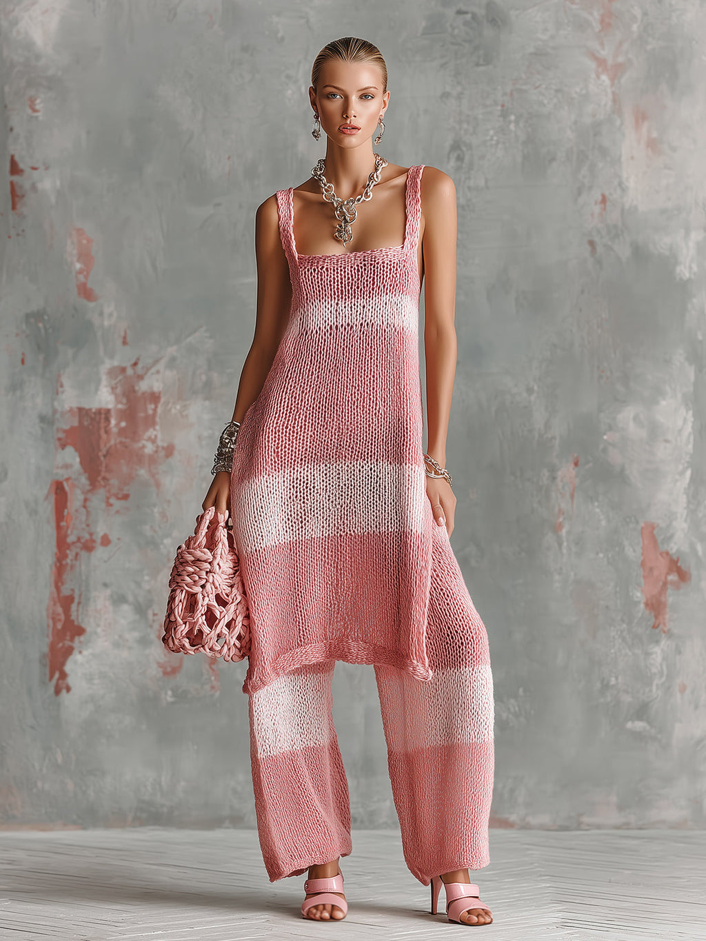 Chic Elegant Pink-Light Pink Colorblock Square-Neck Side-Slit Slim-Fit Long Vest Loose-Fit Straight Pants Knit Two-Piece Set