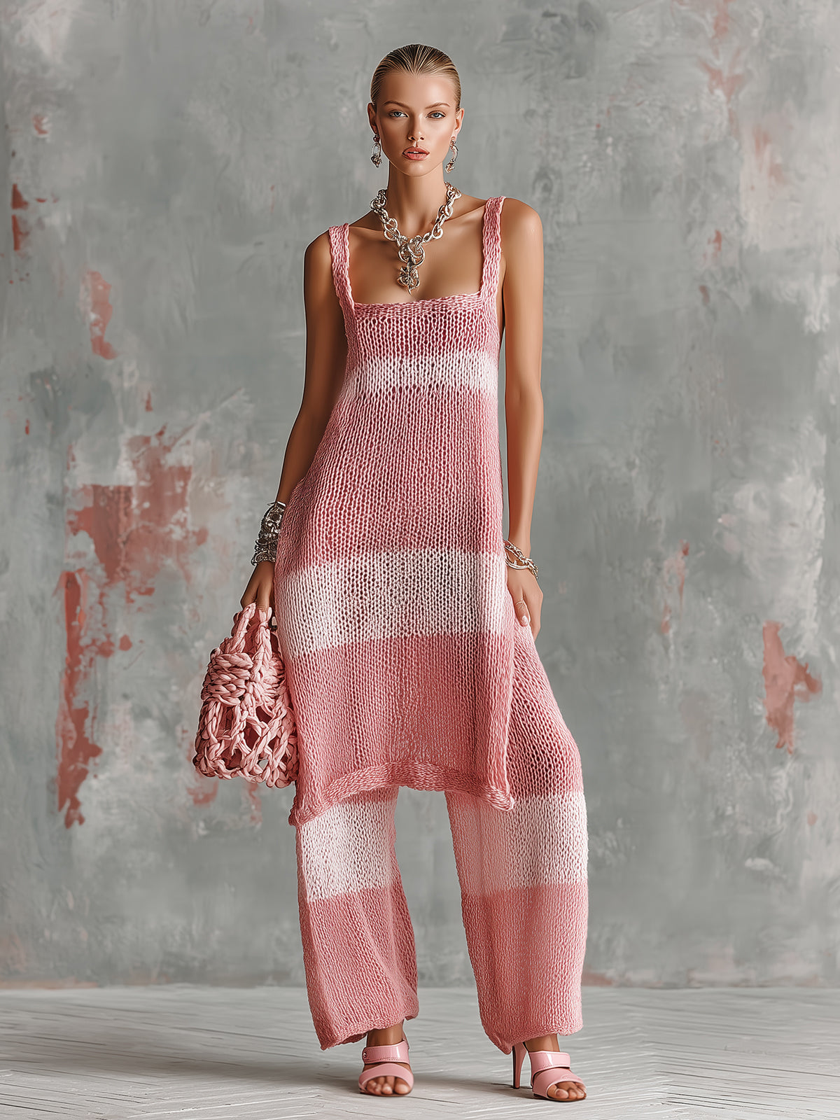 Chic Elegant Pink-Light Pink Colorblock Square-Neck Side-Slit Slim-Fit Long Vest Loose-Fit Straight Pants Knit Two-Piece Set