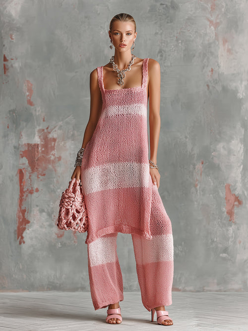 Chic Elegant Pink-Light Pink Colorblock Square-Neck Side-Slit Slim-Fit Long Vest Loose-Fit Straight Pants Knit Two-Piece Set