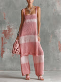 Chic Elegant Pink-Light Pink Colorblock Square-Neck Side-Slit Slim-Fit Long Vest Loose-Fit Straight Pants Knit Two-Piece Set