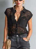 Chic Casual Black Lapel Collar Single-Breasted Patch Pockets Loose-Fit Mesh Knit Vest Top