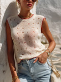 Chic Casual Cream White Round-Neck Red Trim Detail Hollow-Out Fitted Knit Vest Top