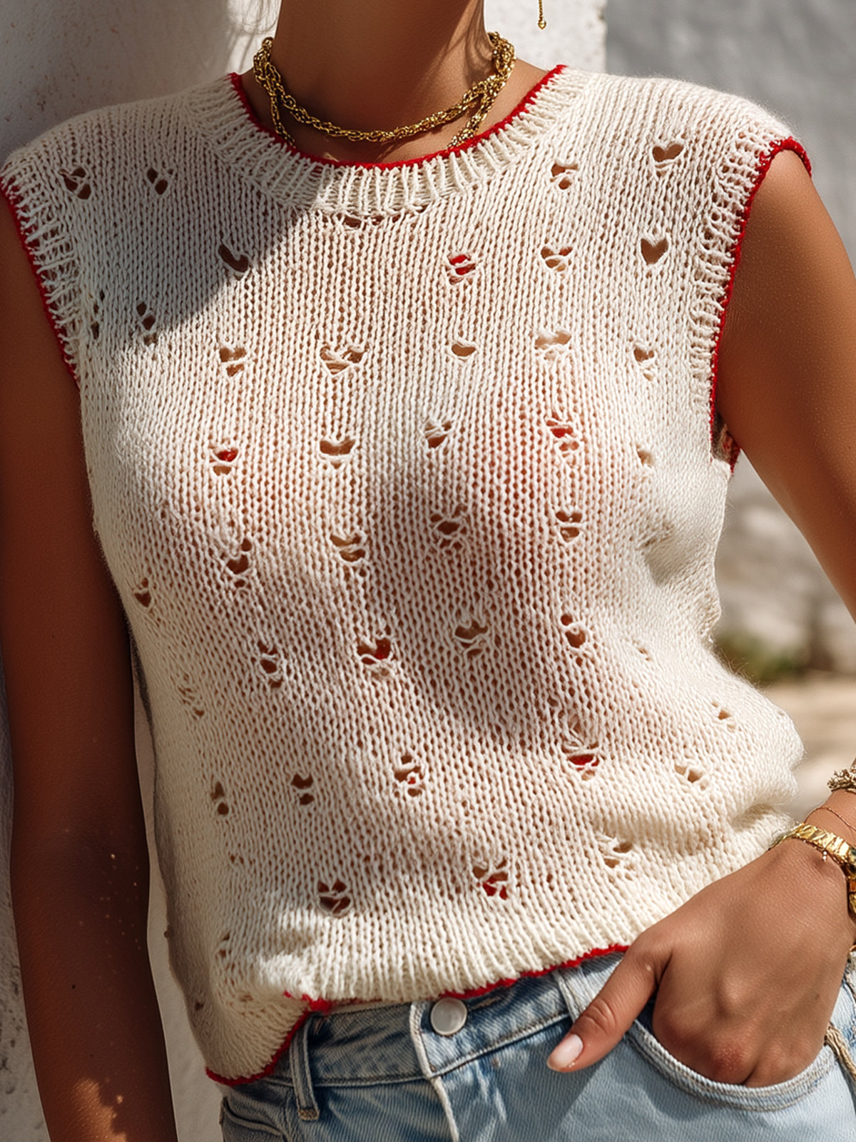Chic Casual Cream White Round-Neck Red Trim Detail Hollow-Out Fitted Knit Vest Top
