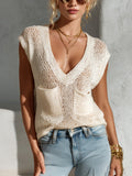 Chic Elegant Cream White Deep V-Neck Sleeveless Patch Pockets Loose-Fit Mesh Knit Vest Top