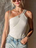 Chic Elegant Beige One-Shoulder Sleeveless Patchwork Detail Slim-Fit Ribbed Knit Tank Top