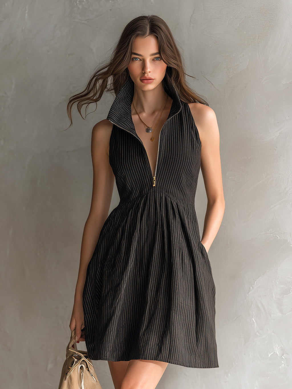 Chic Casual Black Stripes Linen Blend Zipper-Up Lapel Sleeveless Tailored-Waist A-Line Mini Dress