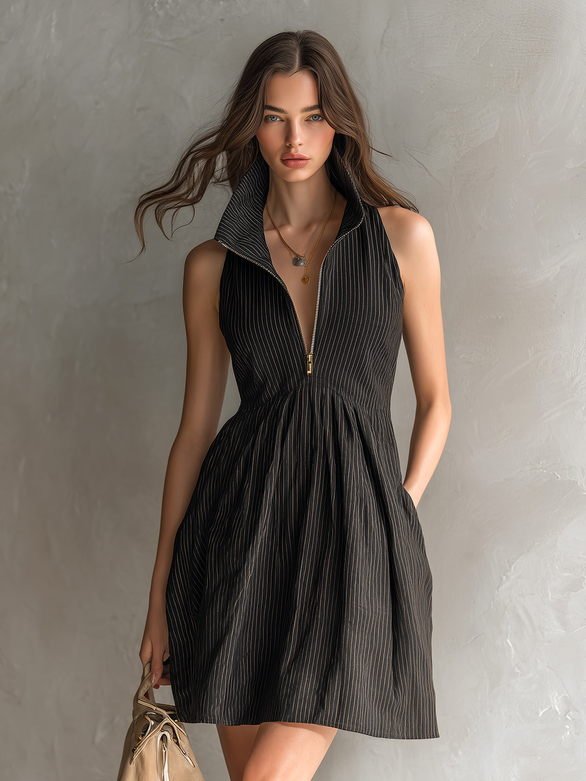 Chic Casual Black Stripes Linen Blend Zipper-Up Lapel Sleeveless Tailored-Waist A-Line Mini Dress