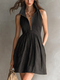 Chic Casual Black Stripes Linen Blend Zipper-Up Lapel Sleeveless Tailored-Waist A-Line Mini Dress