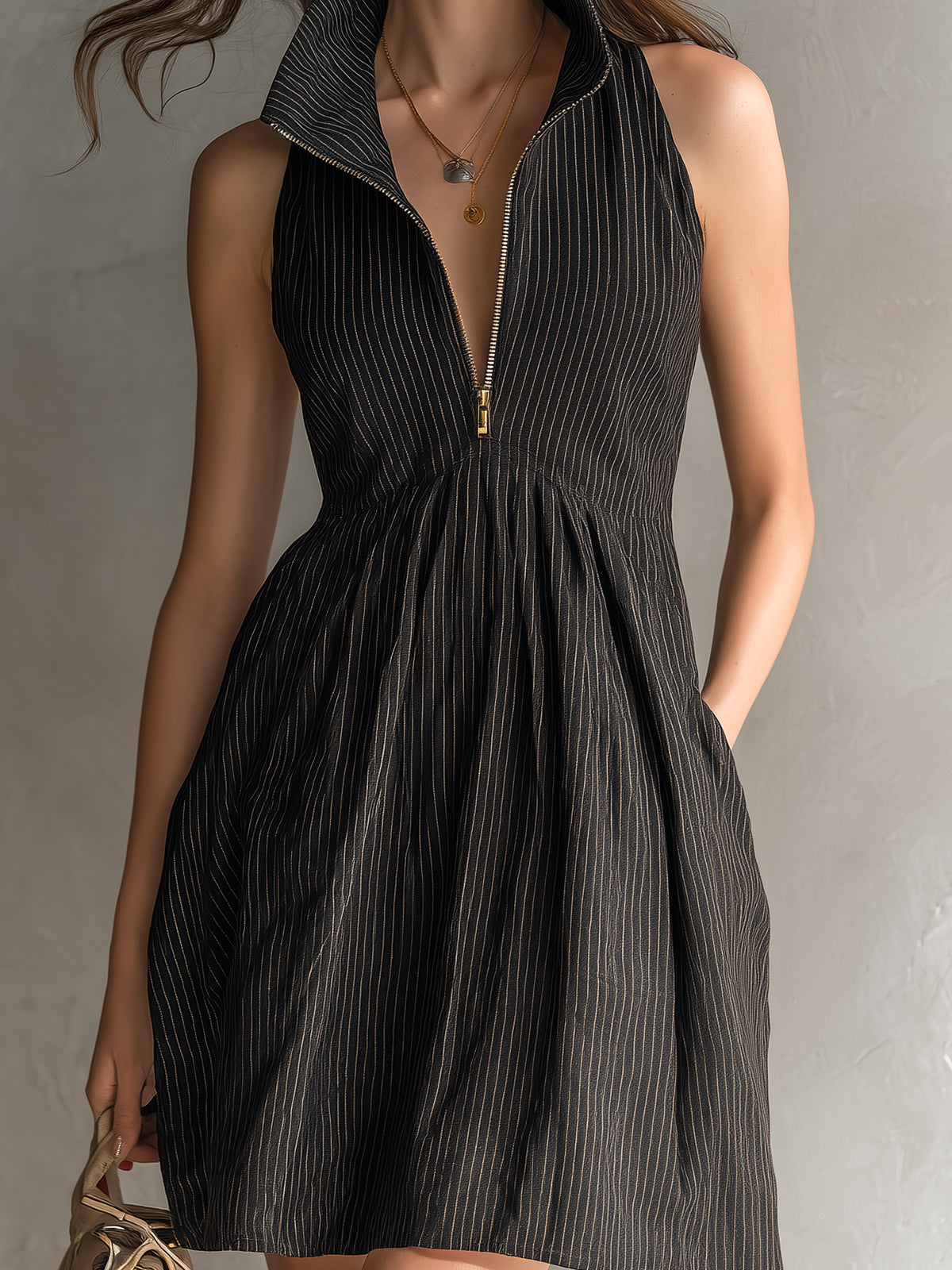 Chic Casual Black Stripes Linen Blend Zipper-Up Lapel Sleeveless Tailored-Waist A-Line Mini Dress