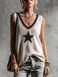 Chic Casual White-Black Colorblock V-Neck Sleeveless Star Jacquard Loose-Fit Knit Vest Top