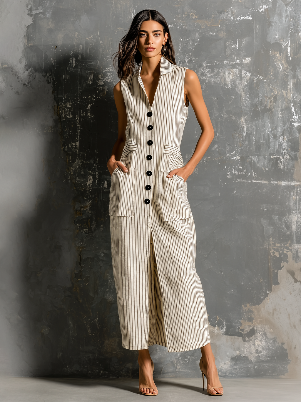 Chic Elegant Beige Pinstripe Lapel-Collar Single-Breasted Sleeveless Patch Pocket Front Slit Cotton-Linen Blend Maxi Dress