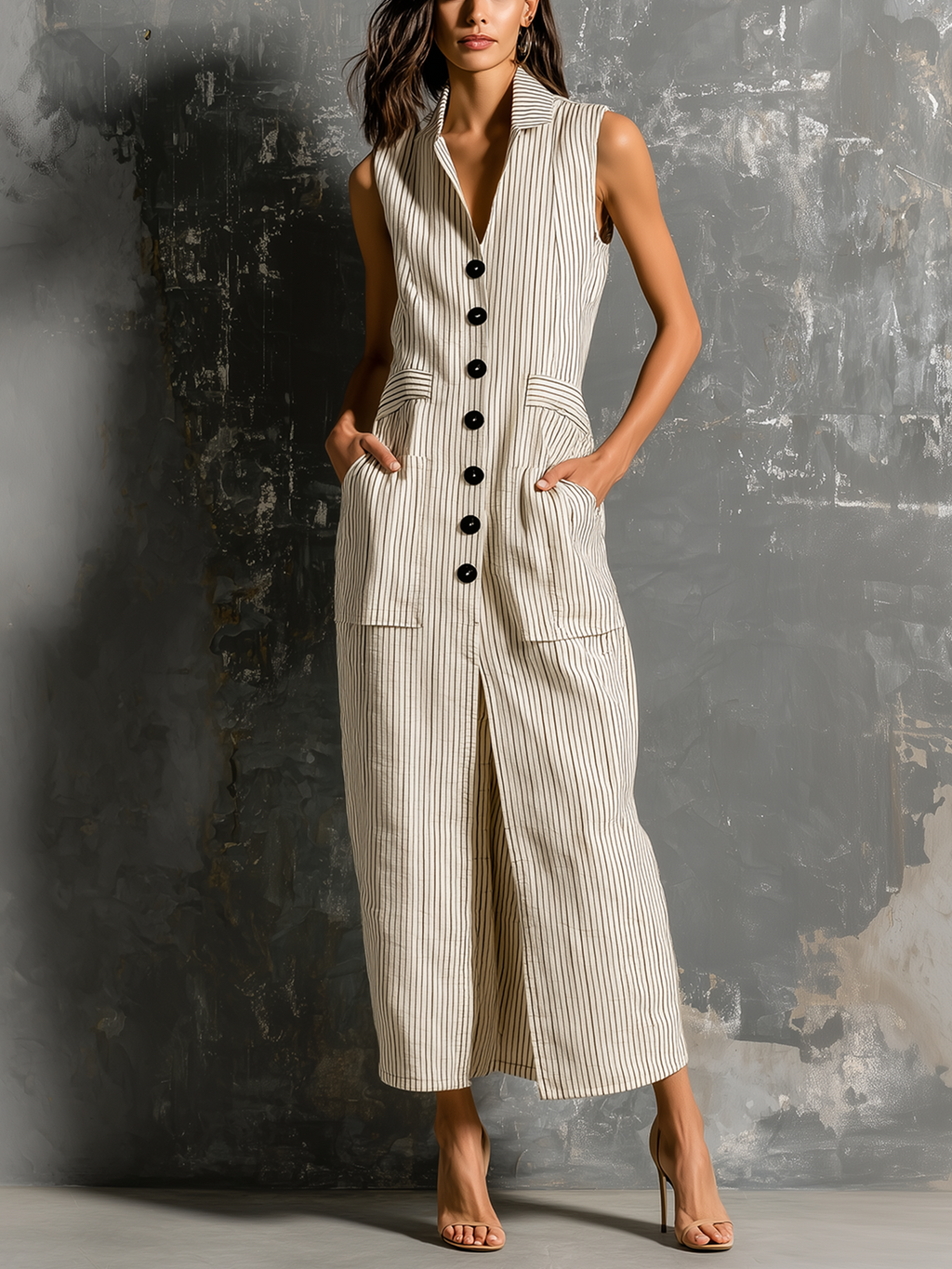 Chic Elegant Beige Pinstripe Lapel-Collar Single-Breasted Sleeveless Patch Pocket Front Slit Cotton-Linen Blend Maxi Dress