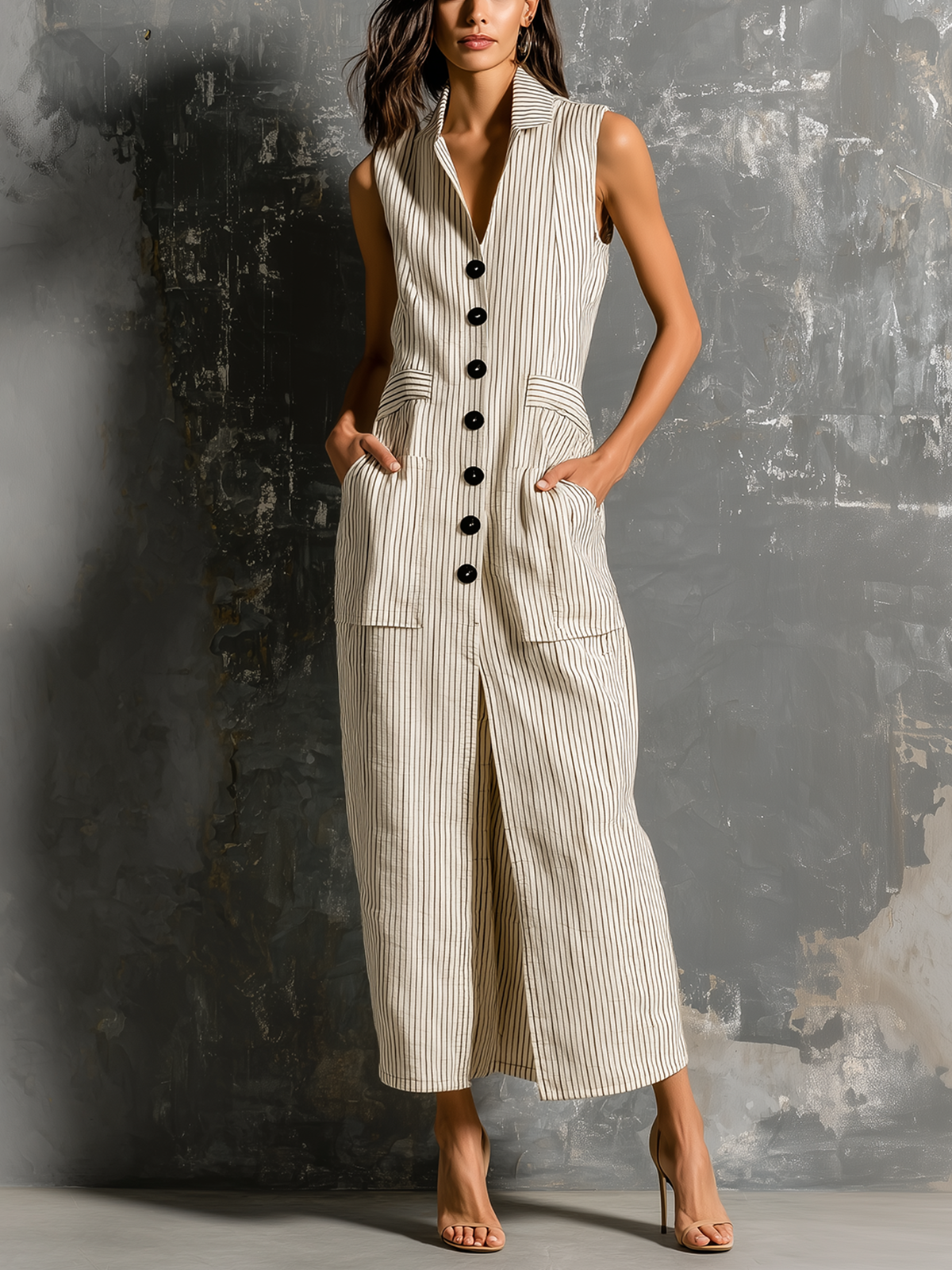 Chic Elegant Beige Pinstripe Lapel-Collar Single-Breasted Sleeveless Patch Pocket Front Slit Cotton-Linen Blend Maxi Dress
