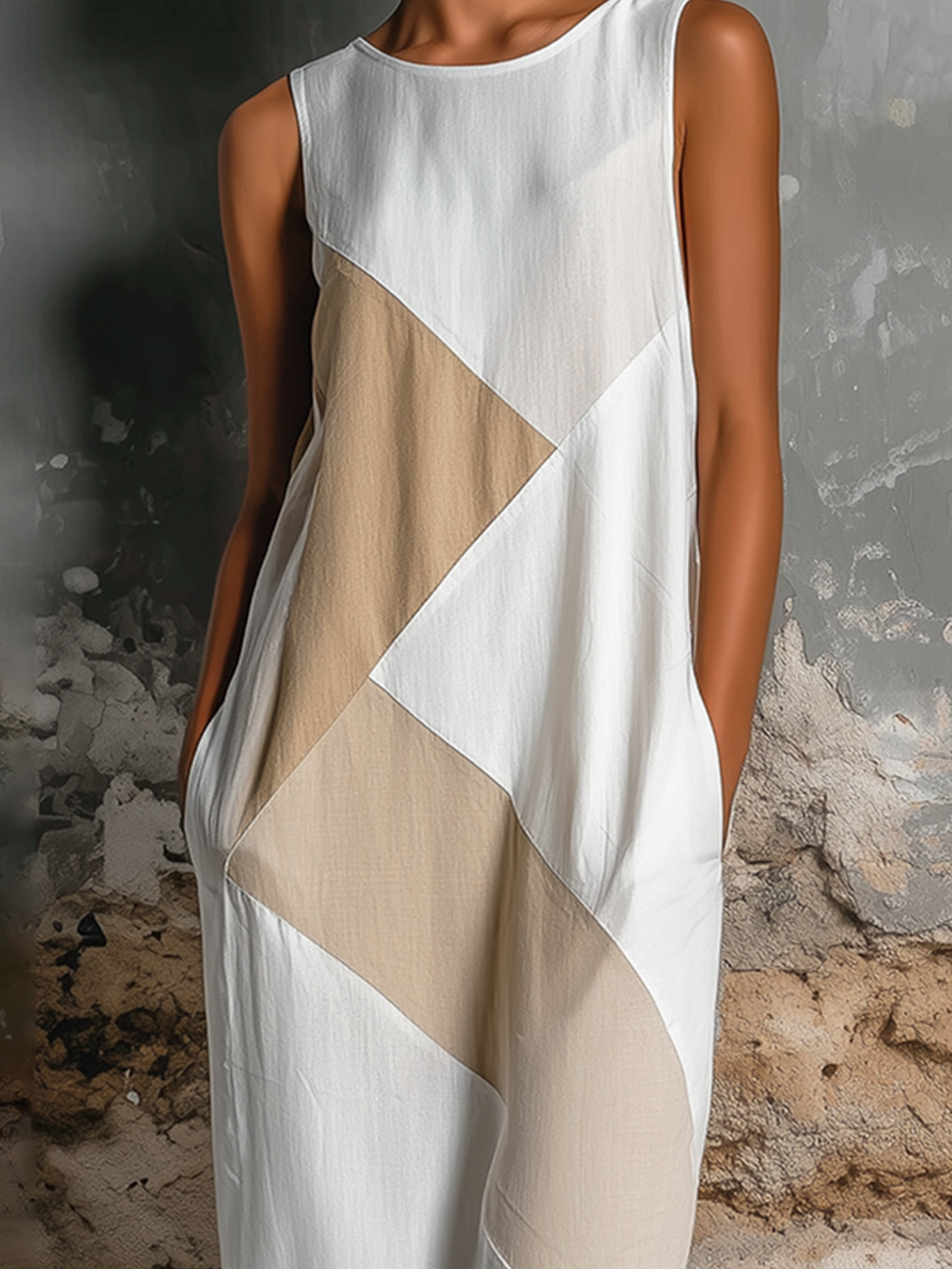 Chic Elegant White-Beige Geometric Patchwork Round-Neck Sleeveless Front Slit Cotton-Linen Blend Midi Dress