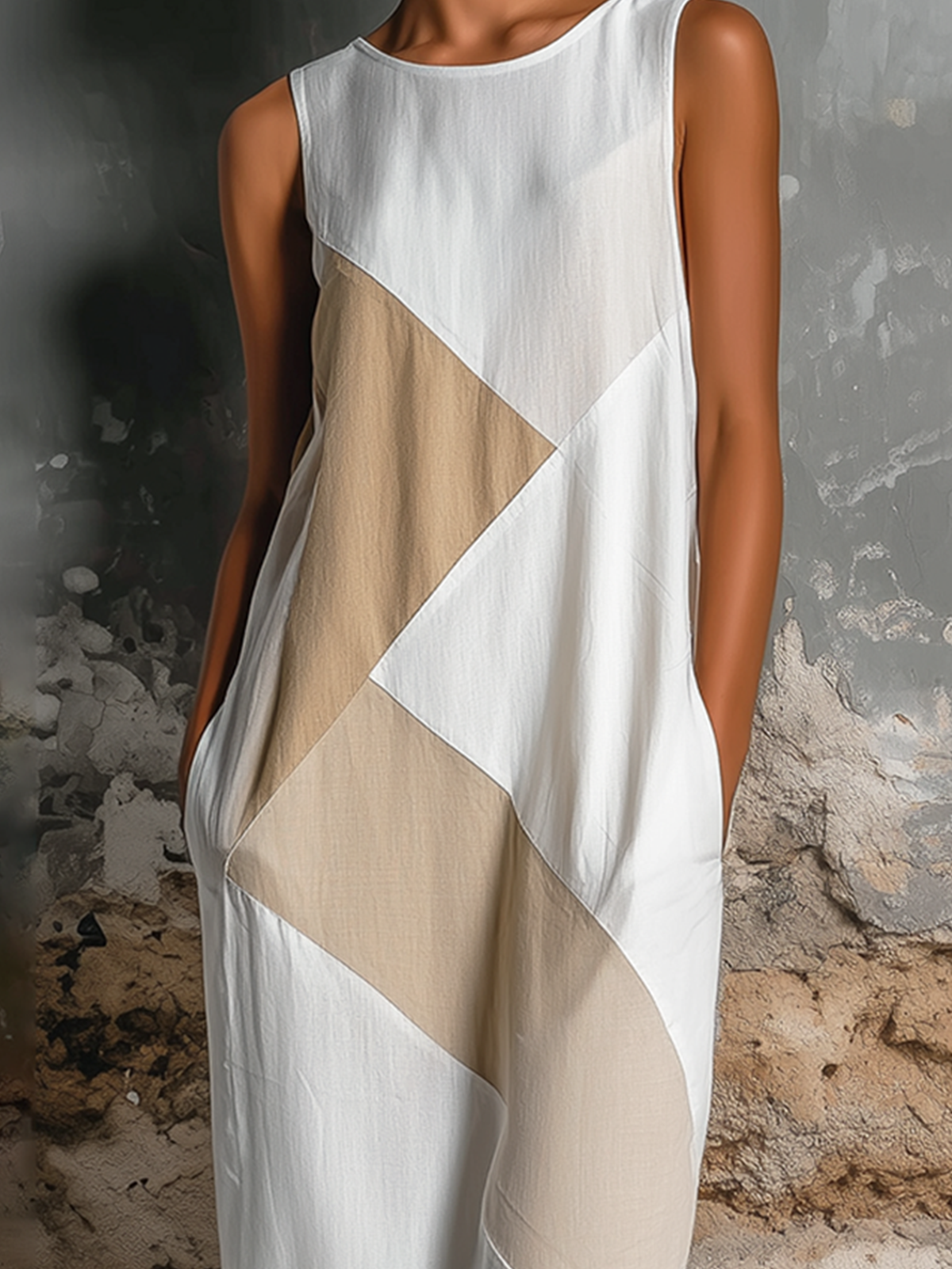 Chic Elegant White-Beige Geometric Patchwork Round-Neck Sleeveless Front Slit Cotton-Linen Blend Midi Dress