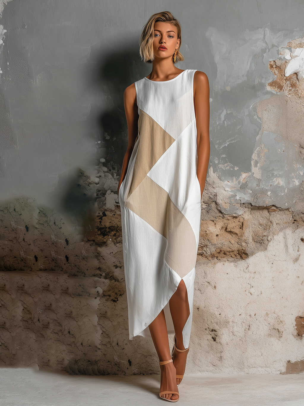 Chic Elegant White-Beige Geometric Patchwork Round-Neck Sleeveless Front Slit Cotton-Linen Blend Midi Dress