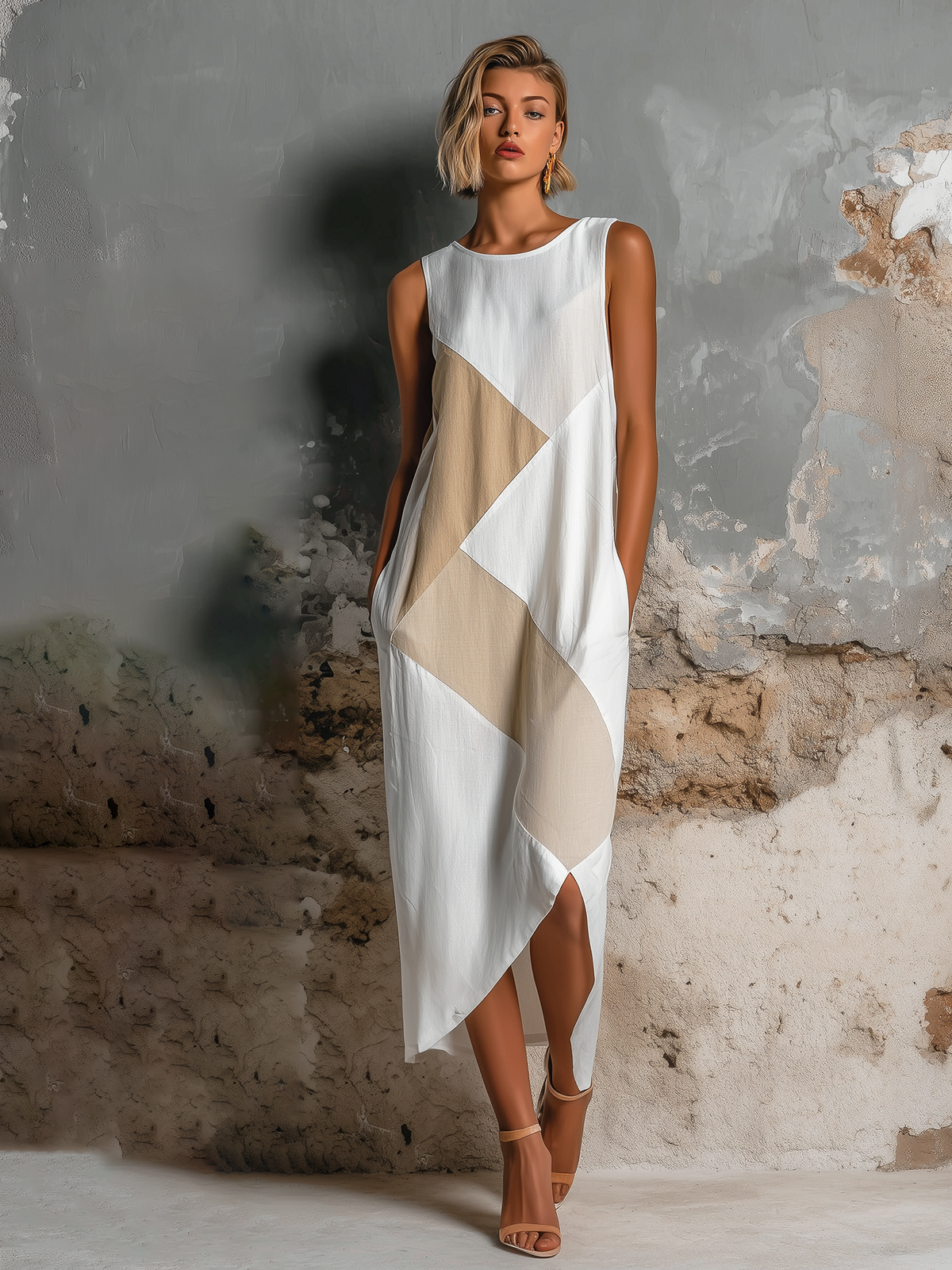 Chic Elegant White-Beige Geometric Patchwork Round-Neck Sleeveless Front Slit Cotton-Linen Blend Midi Dress