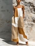 Chic Elegant White-Khaki Geometric Patchwork Spaghetti-Strap Sleeveless Loose-Fit Cotton-Linen Blend Wide-Leg Jumpsuit