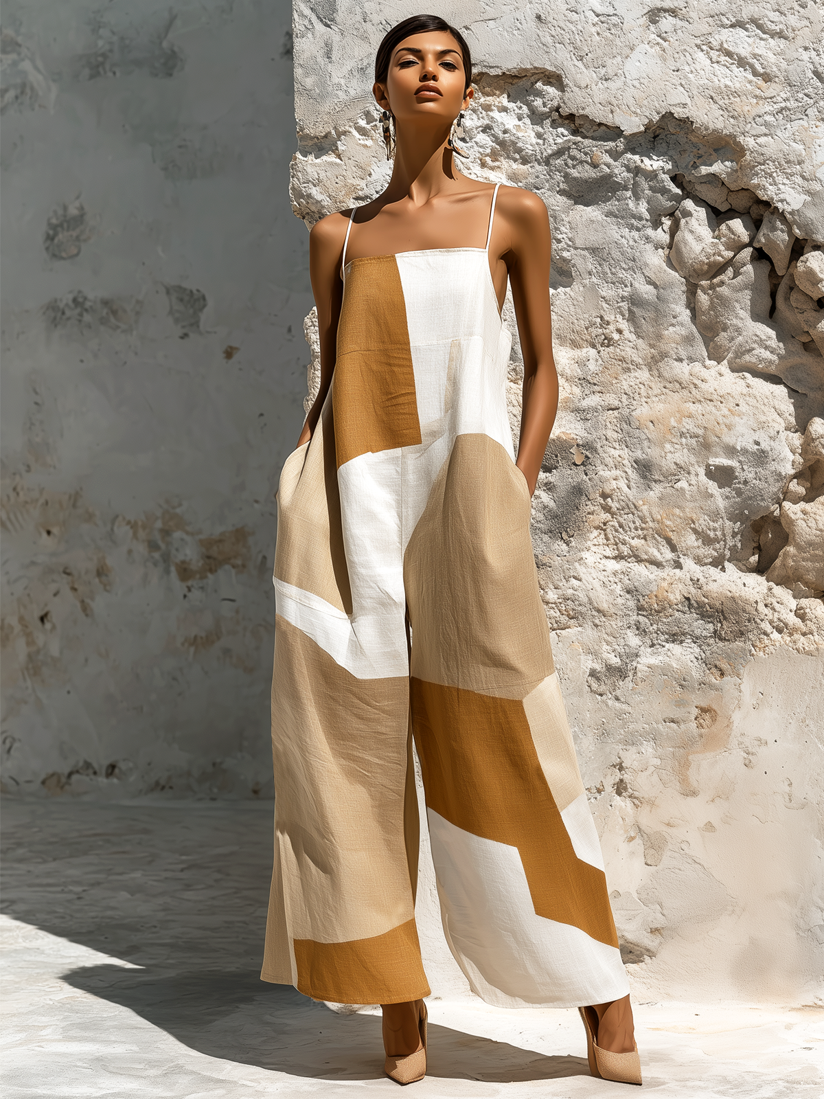 Chic Elegant White-Khaki Geometric Patchwork Spaghetti-Strap Sleeveless Loose-Fit Cotton-Linen Blend Wide-Leg Jumpsuit