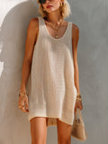 Chic Elegaht Light Camel U-Neck Sleeveless Loose-Fit A-Line Knit Mini Dress