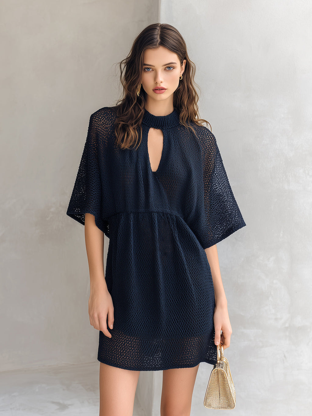 Chic Elegaht Navy Blue Round-Neck Keyhole Cutout Detail Half-Flare-Sleeve Loose-Fit A-Line Mesh Knit Mini Dress