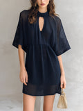 Chic Elegaht Navy Blue Round-Neck Keyhole Cutout Detail Half-Flare-Sleeve Loose-Fit A-Line Mesh Knit Mini Dress
