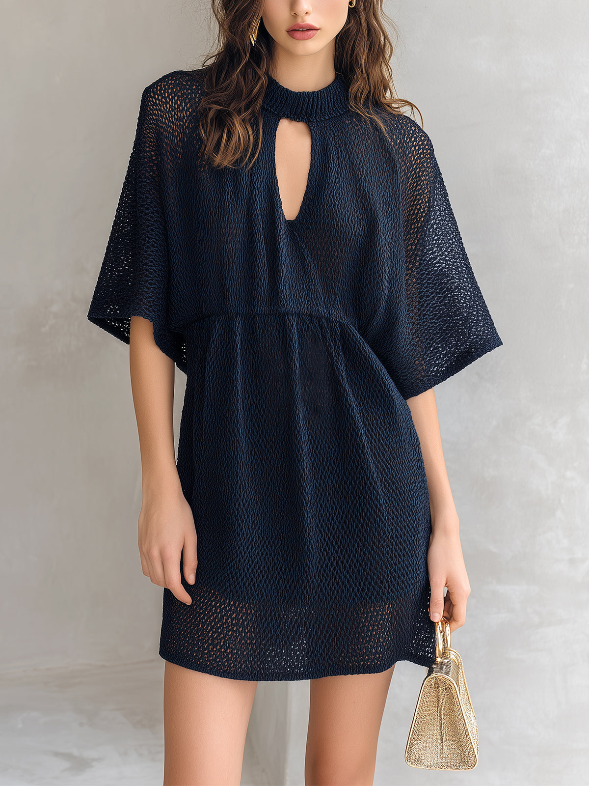 Chic Elegaht Navy Blue Round-Neck Keyhole Cutout Detail Half-Flare-Sleeve Loose-Fit A-Line Mesh Knit Mini Dress