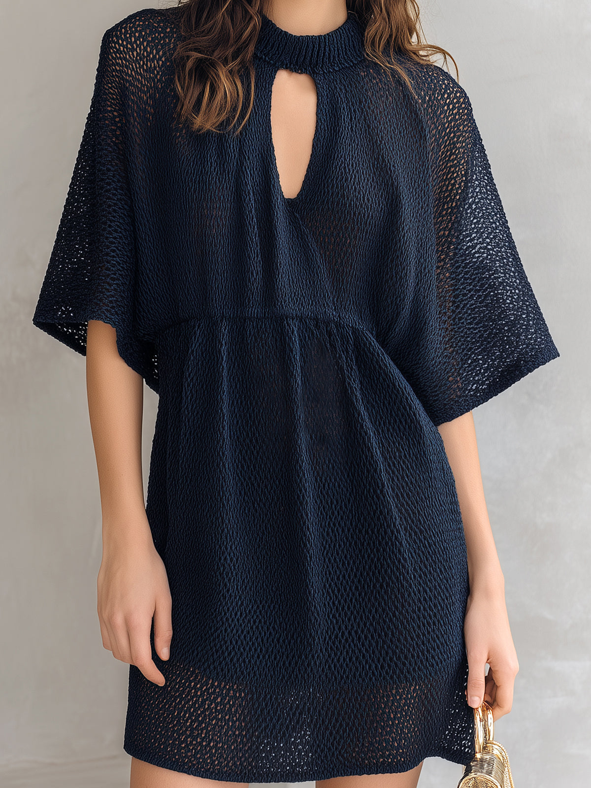 Chic Elegaht Navy Blue Round-Neck Keyhole Cutout Detail Half-Flare-Sleeve Loose-Fit A-Line Mesh Knit Mini Dress