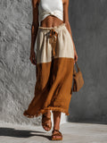 Chic Elegaht Brown-Beige Colorblock Cotton-Linen Blend Elastic Drawstring Waist Fringe Detail A-Line Midi Skirt