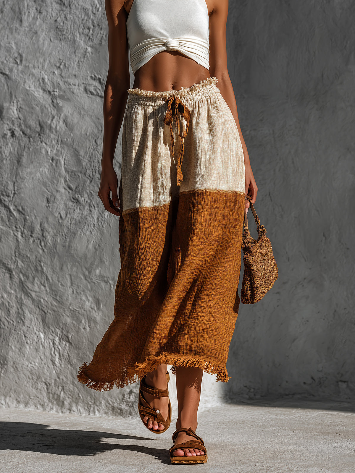 Chic Elegaht Brown-Beige Colorblock Cotton-Linen Blend Elastic Drawstring Waist Fringe Detail A-Line Midi Skirt