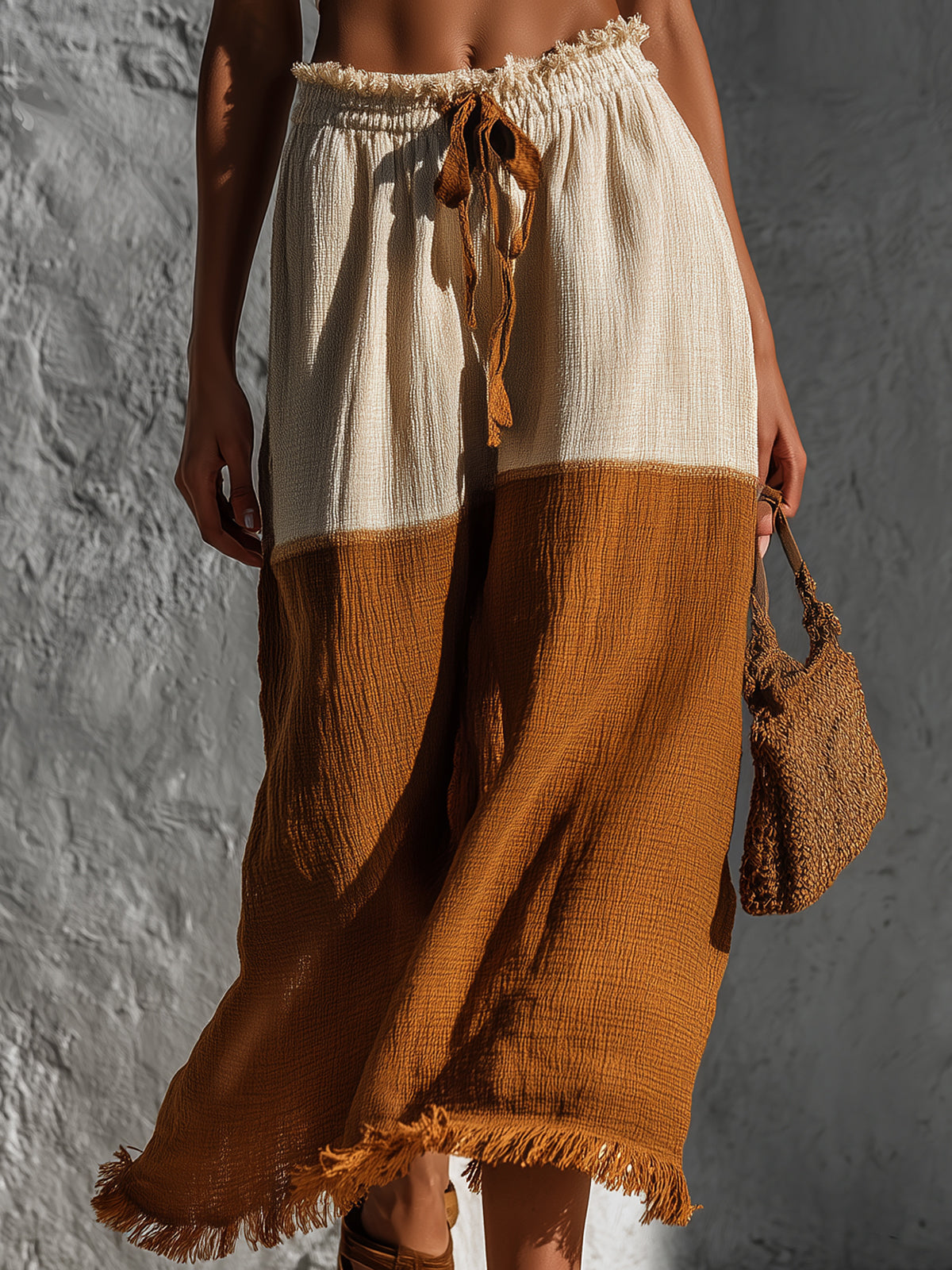 Chic Elegaht Brown-Beige Colorblock Cotton-Linen Blend Elastic Drawstring Waist Fringe Detail A-Line Midi Skirt