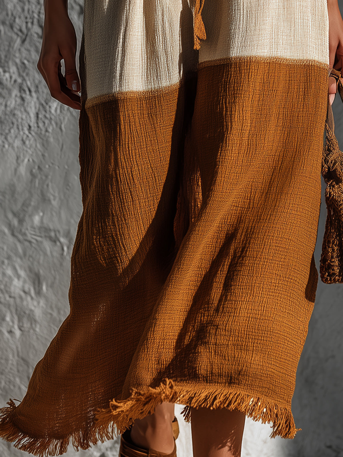 Chic Elegaht Brown-Beige Colorblock Cotton-Linen Blend Elastic Drawstring Waist Fringe Detail A-Line Midi Skirt