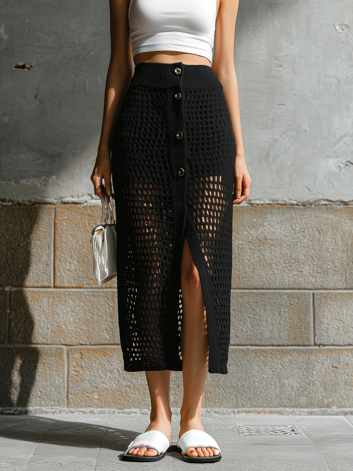 Chic Elegaht Black Elastic Waist Button-Front Hollow-Out Mesh Knit Straight Midi Skirt