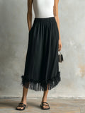 Chic Elegaht Black Cotton Blend Elastic Waist Fringe Detail Loose-Fit Midi Skirt