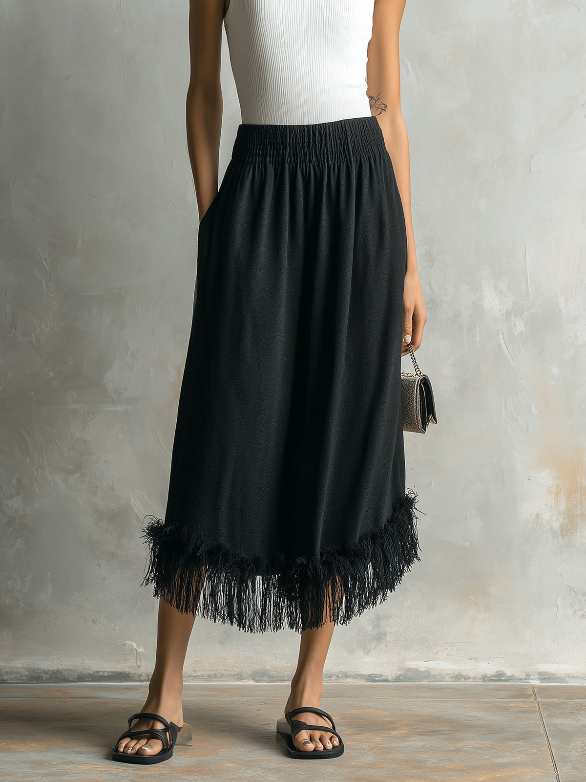 Chic Elegaht Black Cotton Blend Elastic Waist Fringe Detail Loose-Fit Midi Skirt