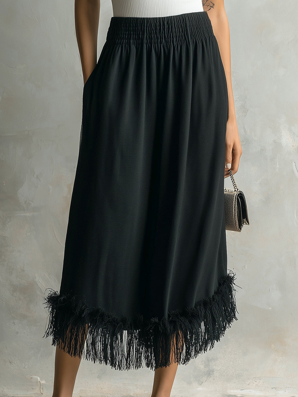 Chic Elegaht Black Cotton Blend Elastic Waist Fringe Detail Loose-Fit Midi Skirt