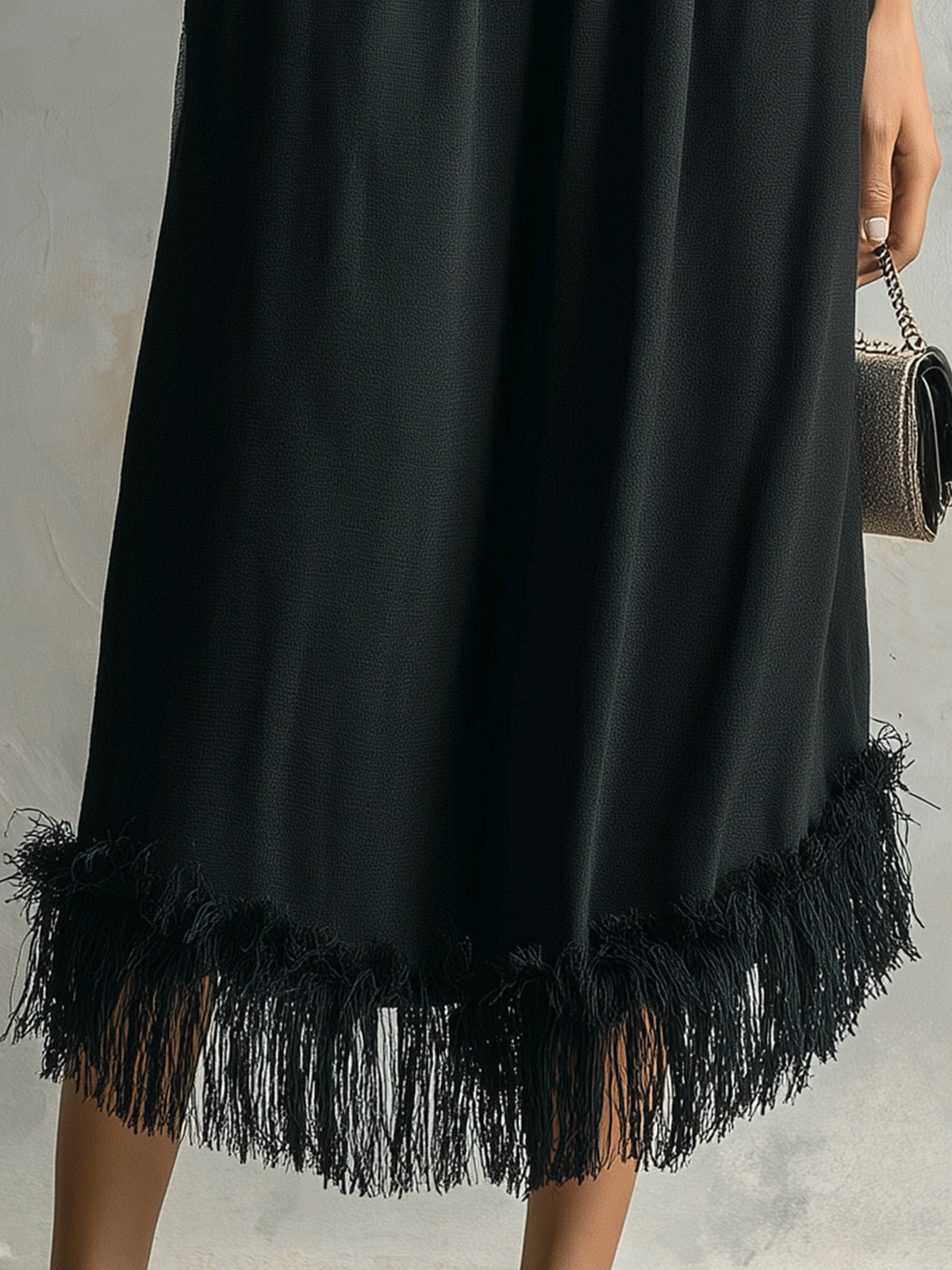 Chic Elegaht Black Cotton Blend Elastic Waist Fringe Detail Loose-Fit Midi Skirt