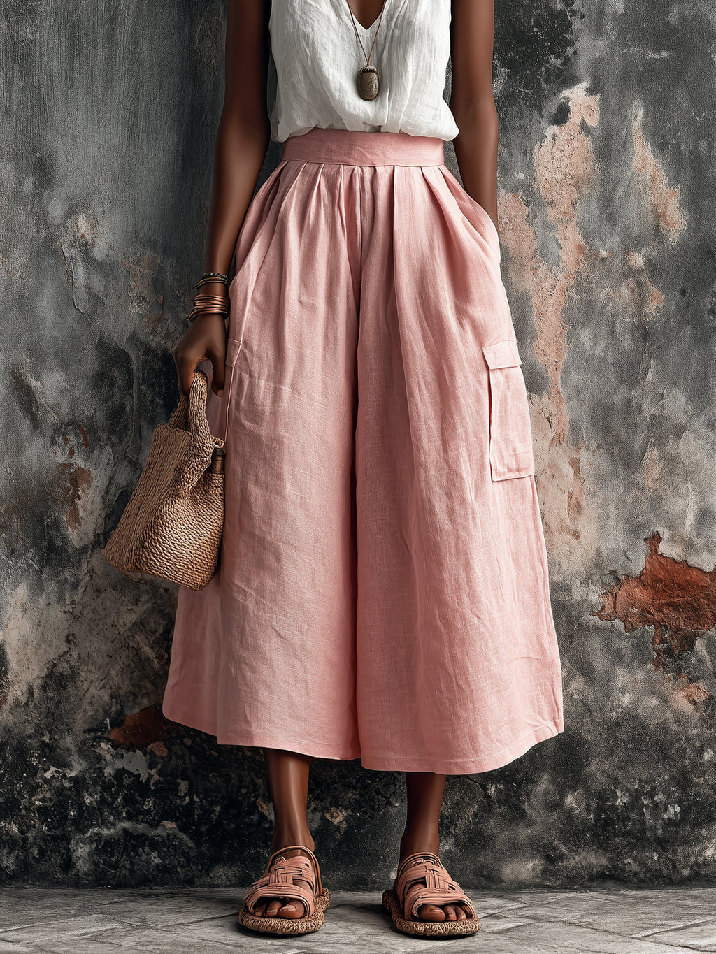 Chic Elegaht Pink Cotton-Linen Blend Tailored Waist Multi-Pocket Loose-Fit Wide-Leg Cropped Pants