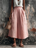 Chic Elegaht Pink Cotton-Linen Blend Tailored Waist Multi-Pocket Loose-Fit Wide-Leg Cropped Pants