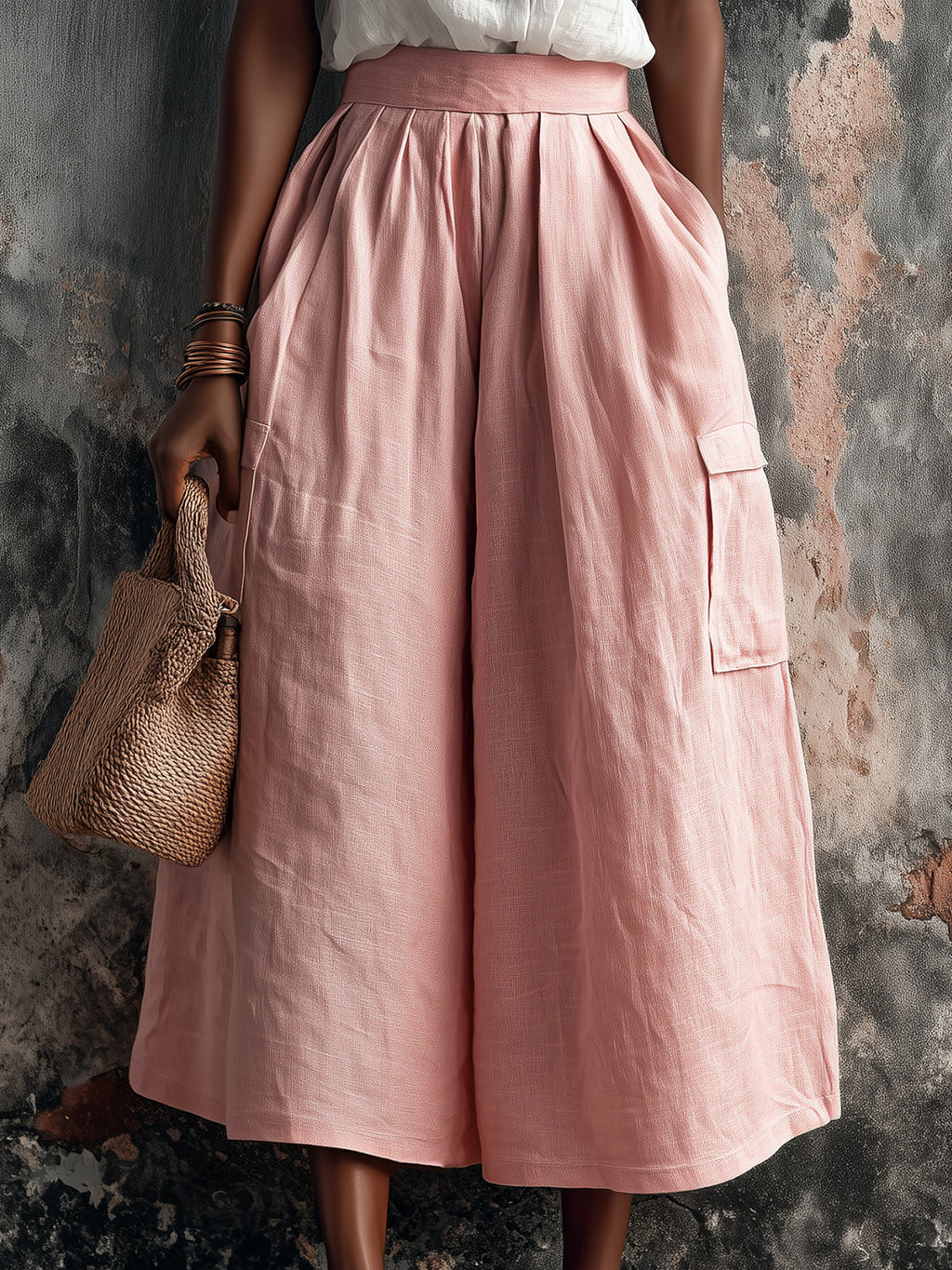 Chic Elegaht Pink Cotton-Linen Blend Tailored Waist Multi-Pocket Loose-Fit Wide-Leg Cropped Pants