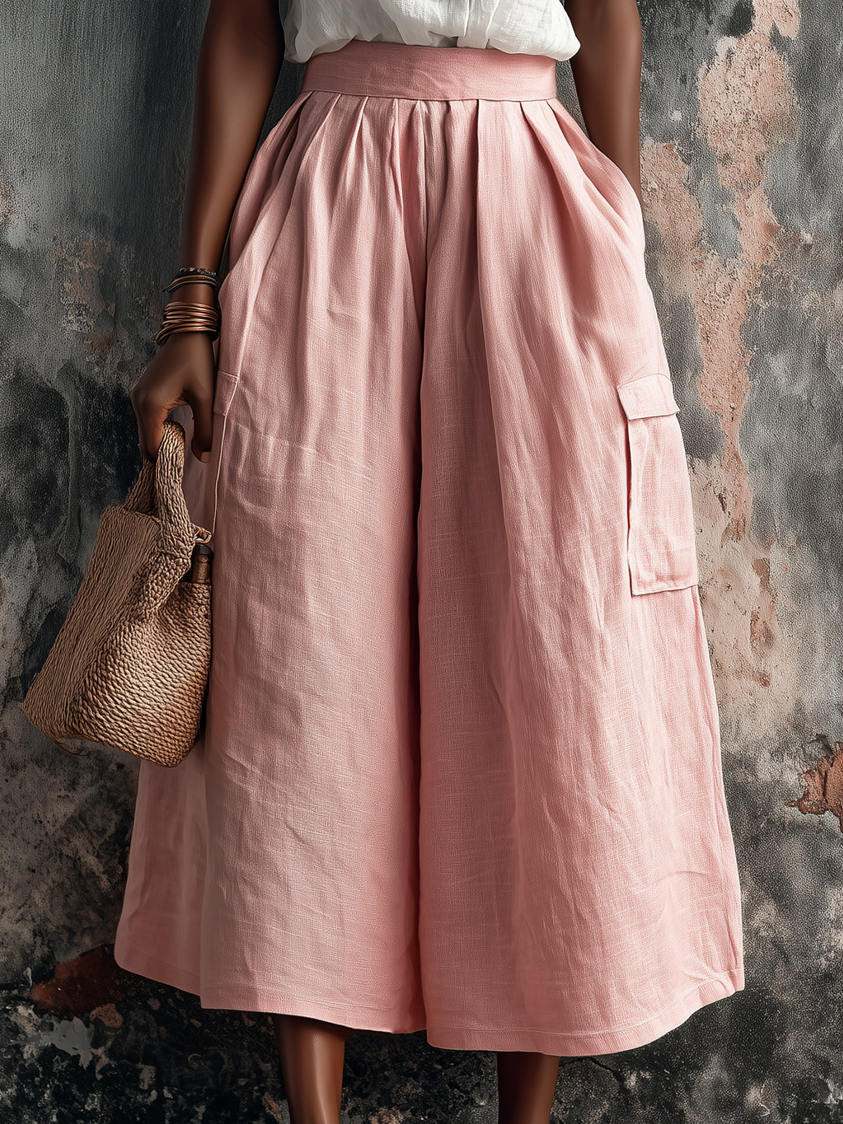 Chic Elegaht Pink Cotton-Linen Blend Tailored Waist Multi-Pocket Loose-Fit Wide-Leg Cropped Pants
