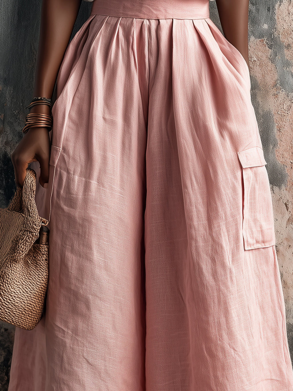 Chic Elegaht Pink Cotton-Linen Blend Tailored Waist Multi-Pocket Loose-Fit Wide-Leg Cropped Pants