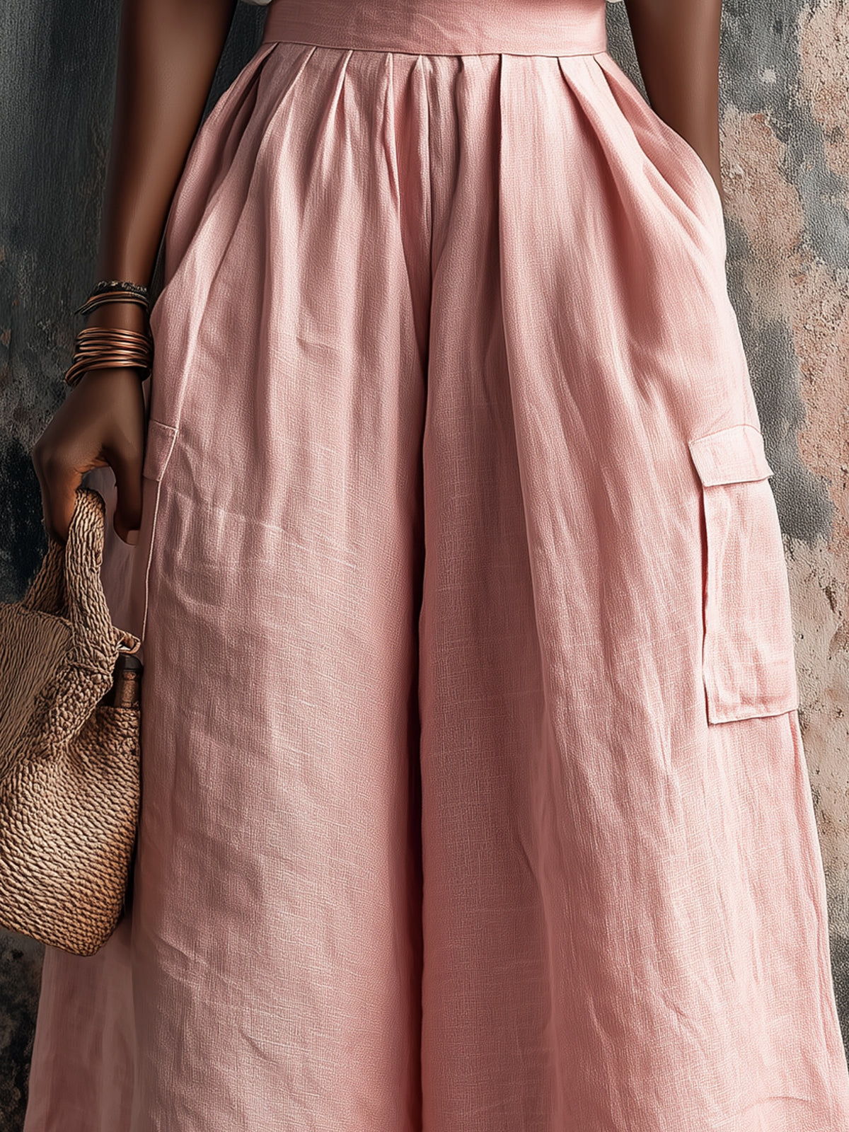 Chic Elegaht Pink Cotton-Linen Blend Tailored Waist Multi-Pocket Loose-Fit Wide-Leg Cropped Pants