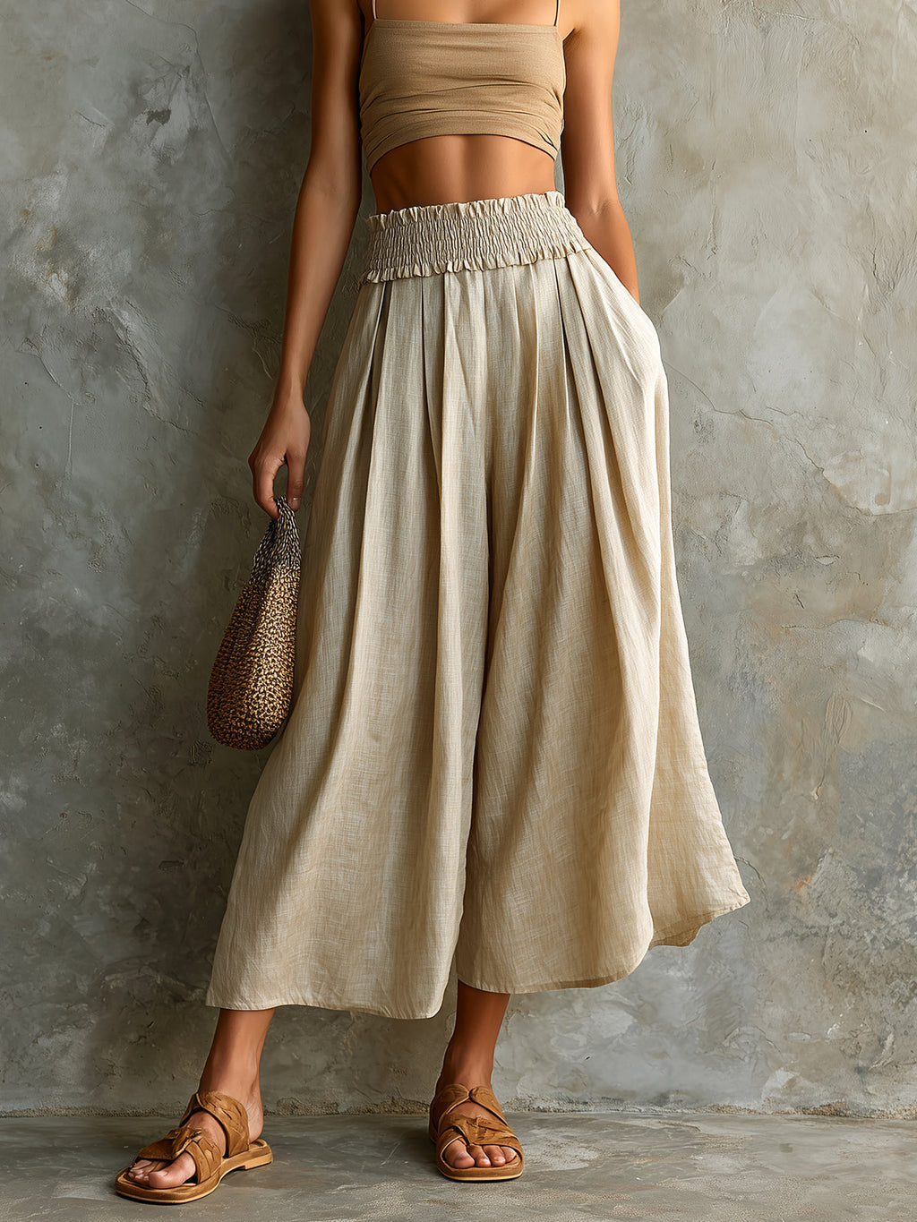 Chic Elegaht Beige Cotton-Linen Blend Elastic-Waist Loose-Fit Wide-Leg Cropped Pants