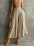 Chic Elegaht Beige Cotton-Linen Blend Elastic-Waist Loose-Fit Wide-Leg Cropped Pants