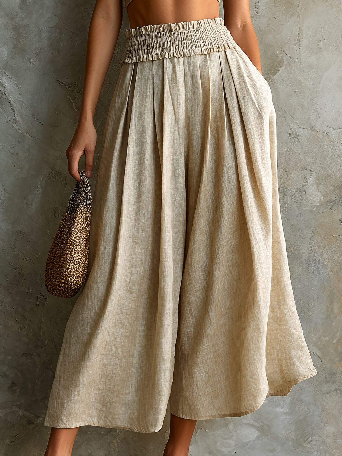 Chic Elegaht Beige Cotton-Linen Blend Elastic-Waist Loose-Fit Wide-Leg Cropped Pants