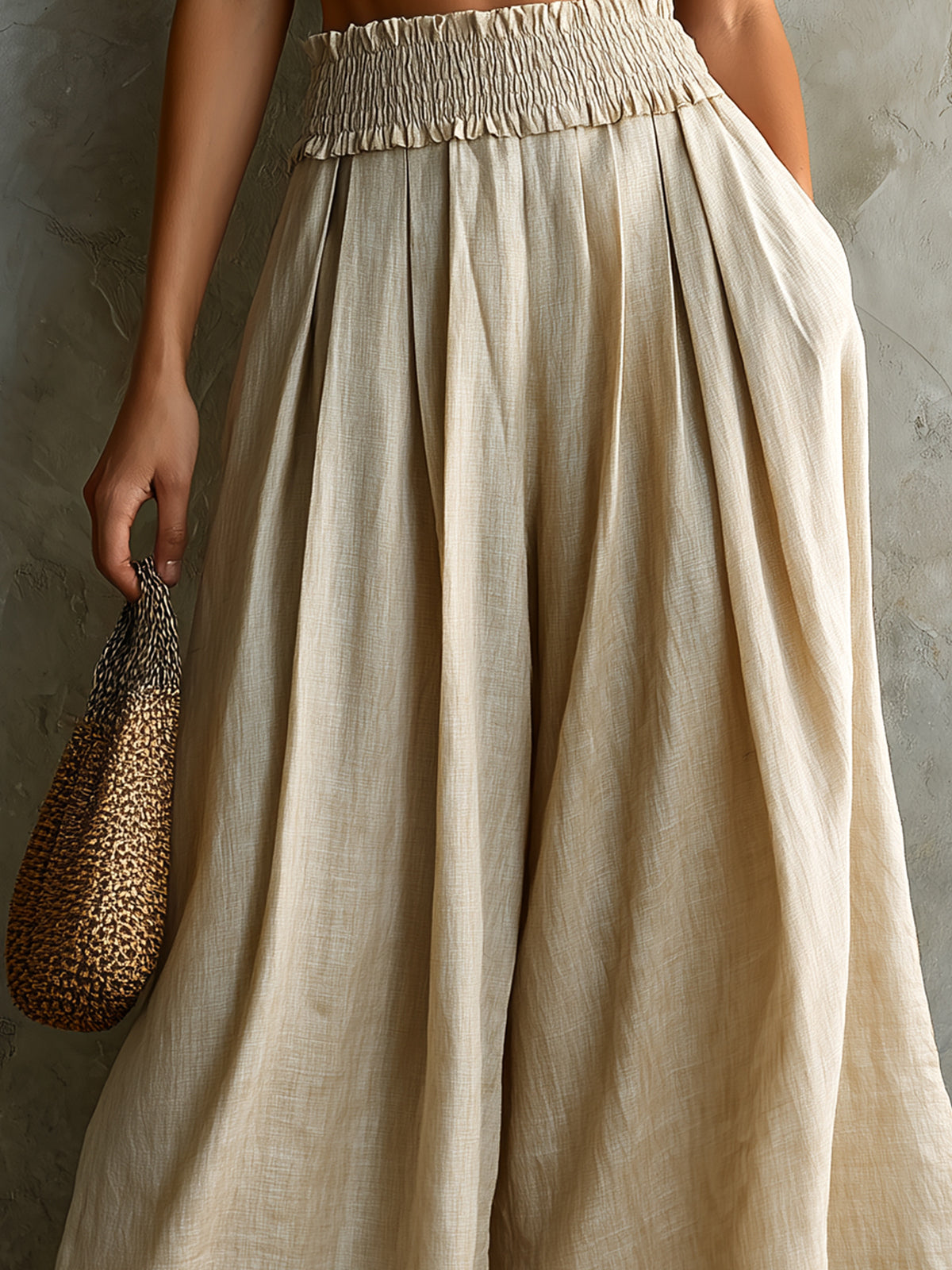 Chic Elegaht Beige Cotton-Linen Blend Elastic-Waist Loose-Fit Wide-Leg Cropped Pants